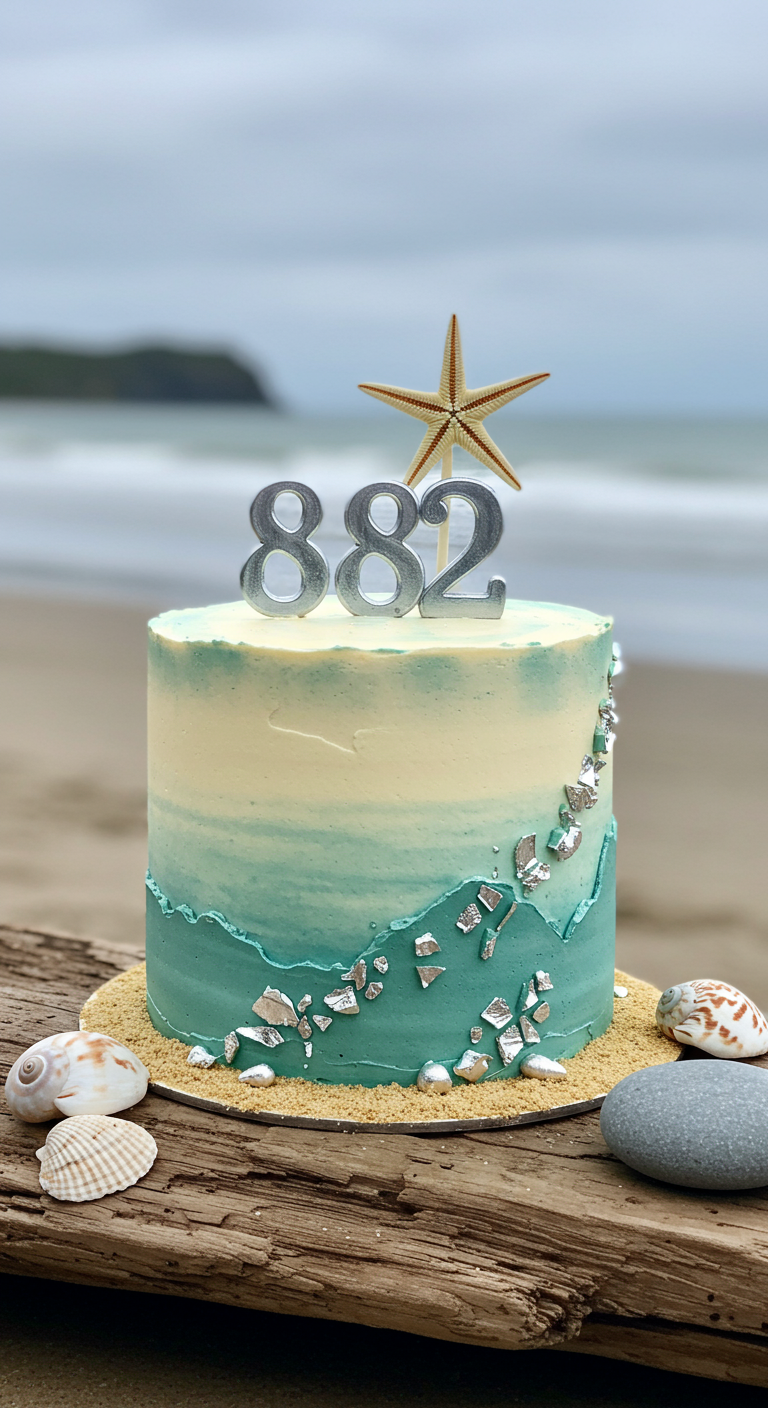 Türkis-weißer Ombré-Kuchen mit Seestern-Topper und Silberflocken, Strand-Setting.