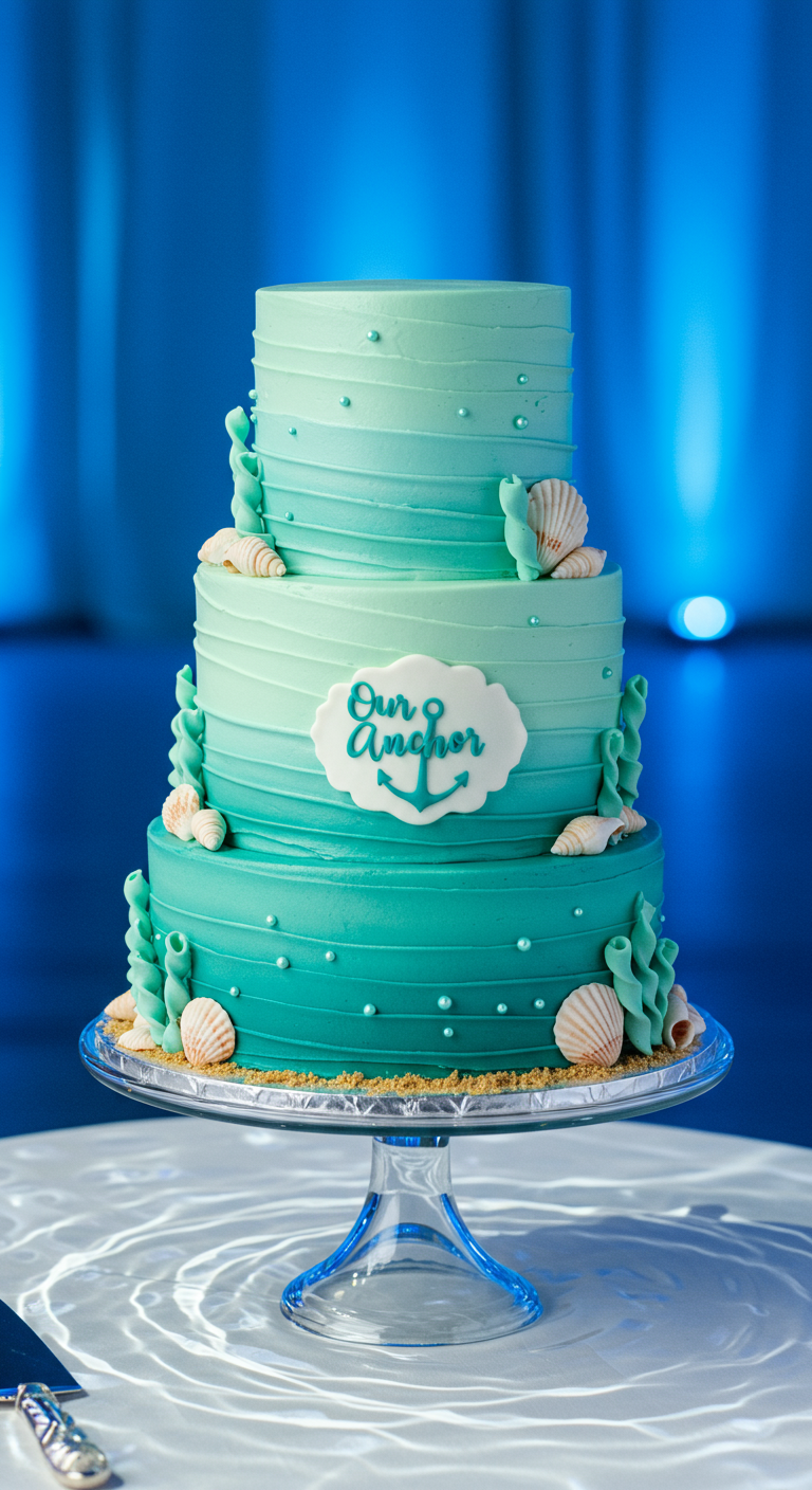 Türkise Ombré-Torte mit Muscheln und Anker-Schild.
