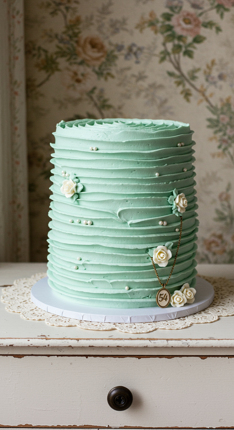 Hohe mintgrüne Buttercremetorte mit horizontalen Rillen, weißen Zuckerblüten, Perlen und einem