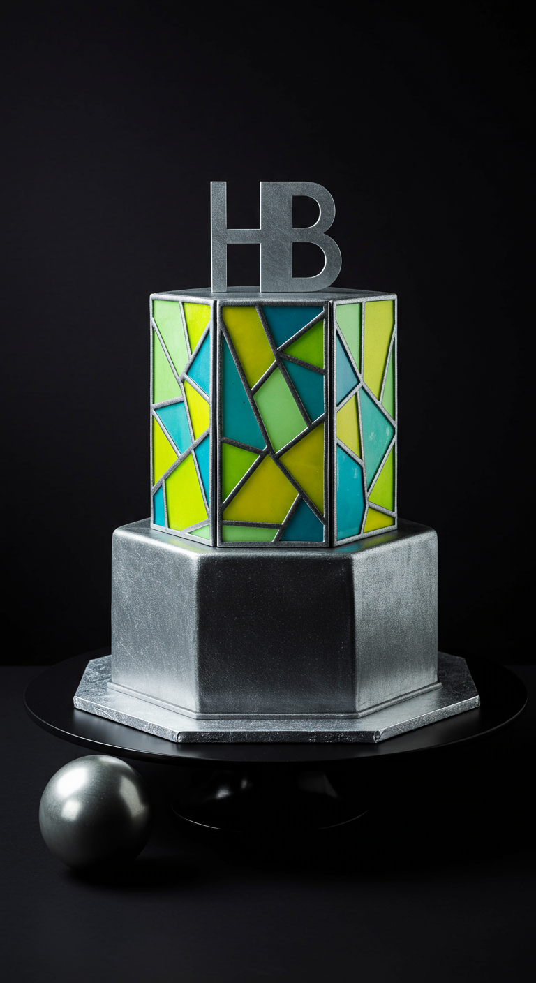Zweistöckige Torte, untere Etage silber, obere mit buntem Mosaikmuster.