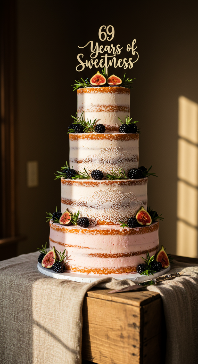 Mehrstöckiger Naked Cake mit Beeren, Feigen und Rosmarin, Topper „69 Years of Sweetness“.