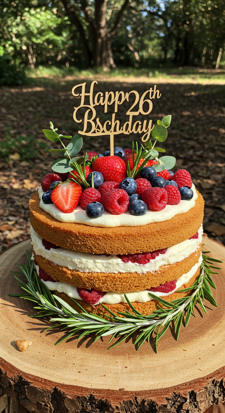 Naked Cake mit Beeren, Sahne, Rosmarin und
