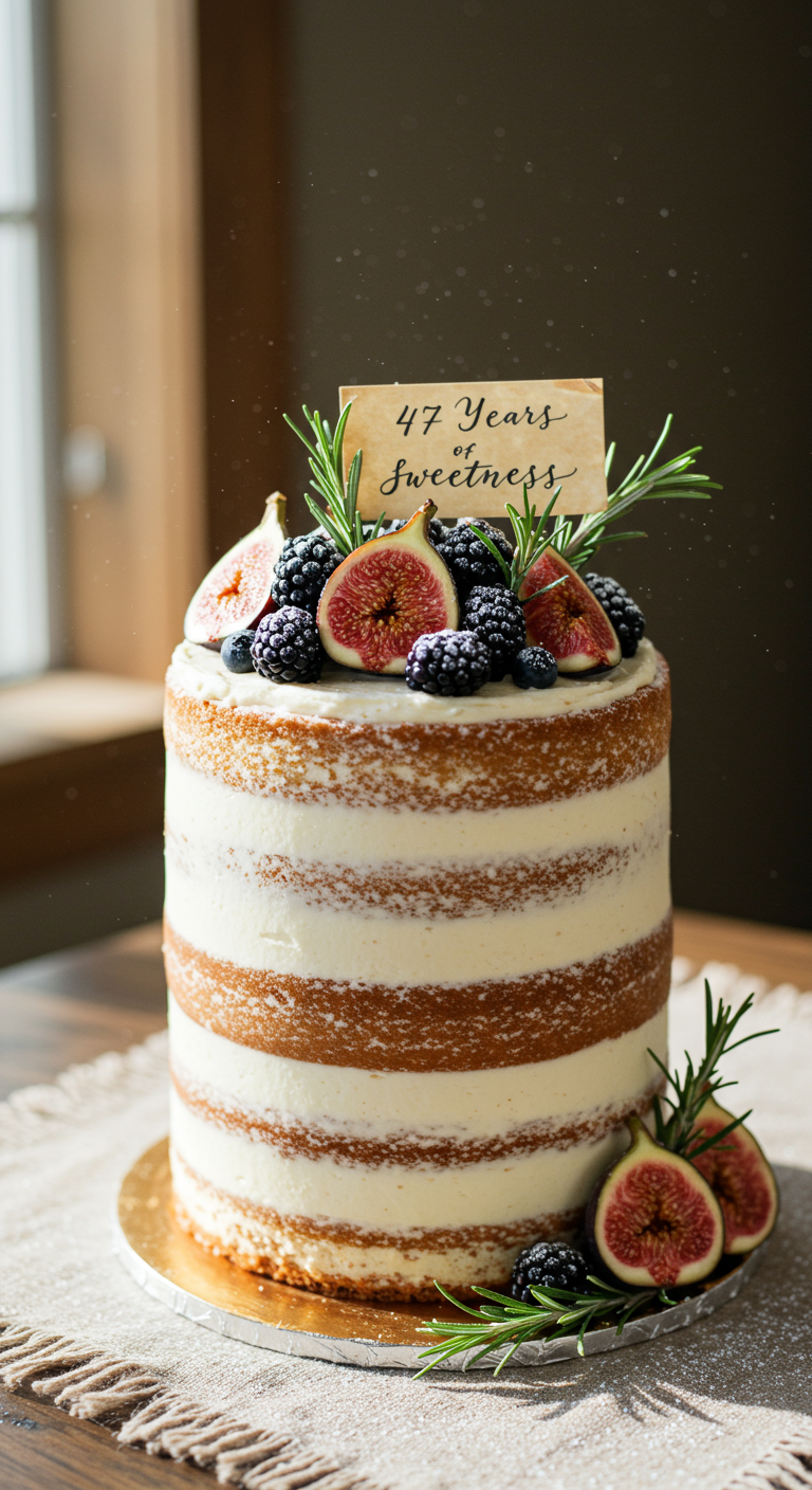 Naked Cake mit Feigen, Beeren, Rosmarin und Schild 