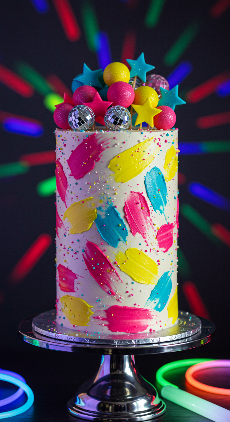 Weiße Torte mit bunten Neon-Farbstrichen, Streuseln und Mini-Diskokugeln.