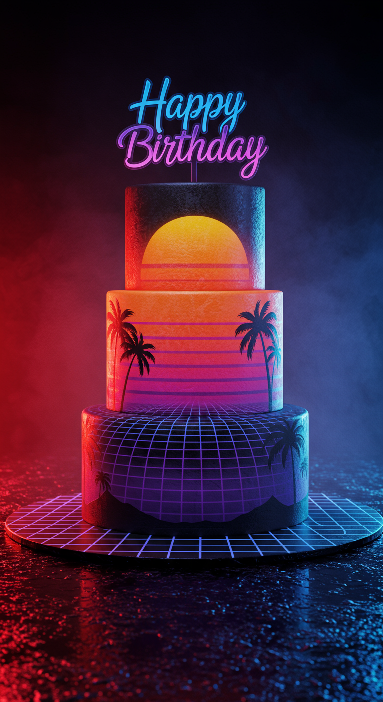 Dreistöckige Torte im Synthwave-Stil mit Neon-Sonnenuntergang, Palmen und Gittermuster.