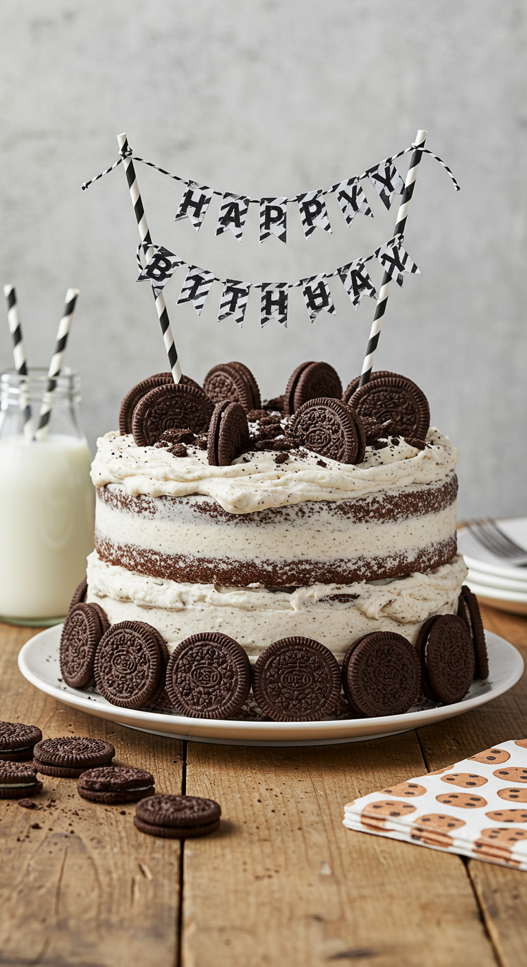 Oreo Naked Cake mit weißer Creme, ganzen und zerbröselten Oreos und 'Happy Birthday'-Girlande.