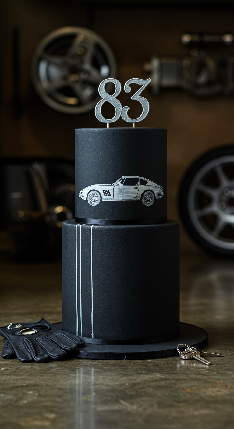 Schwarze zweistöckige Torte mit silbernem Oldtimer-Relief und Zahl 83.