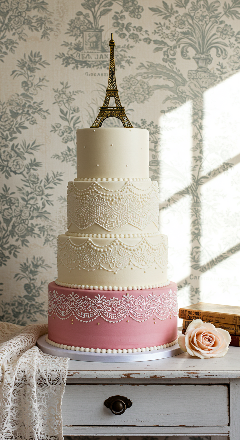Vierstöckige weiß-rosa Torte mit Spitzenmuster und Eiffelturm-Topper.