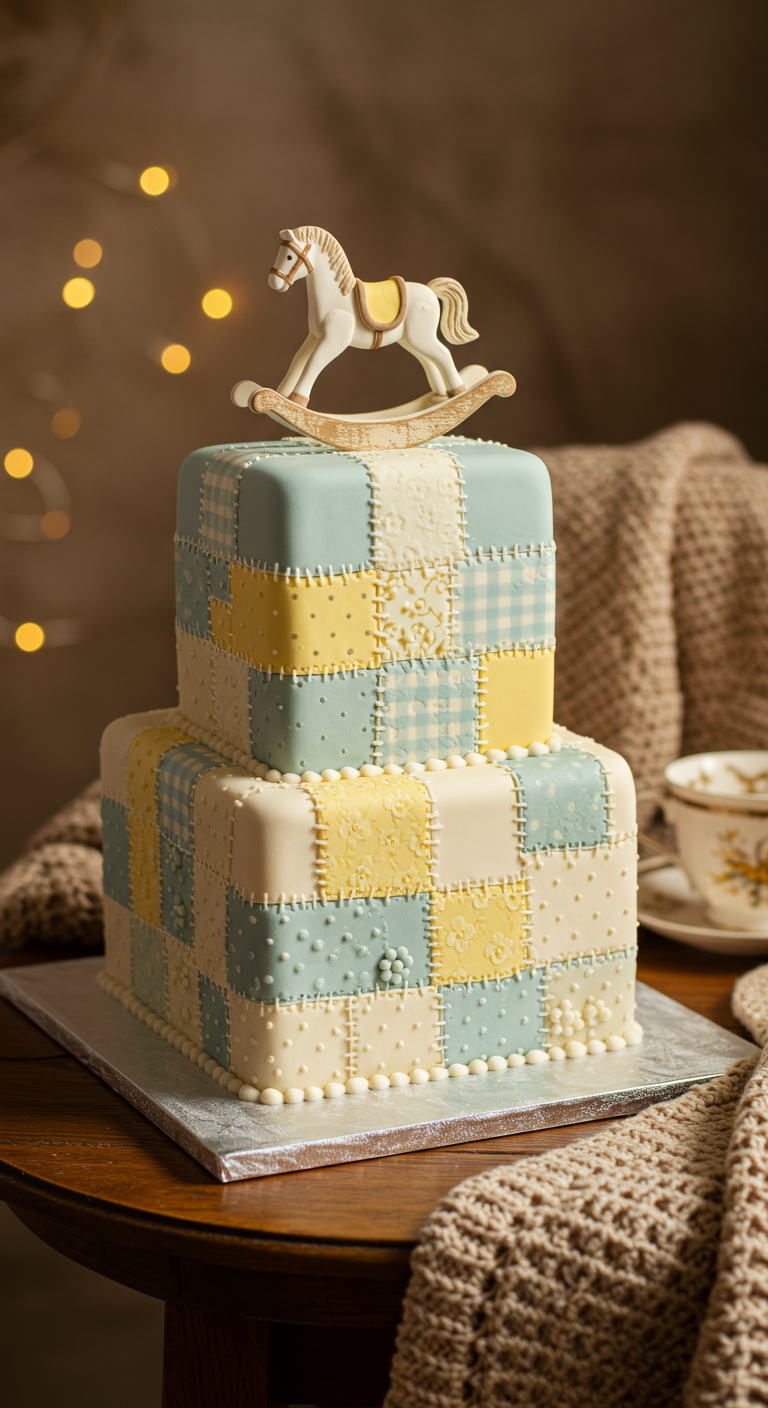 Zweistöckige Torte im Patchwork-Design mit Schaukelpferd-Topper.