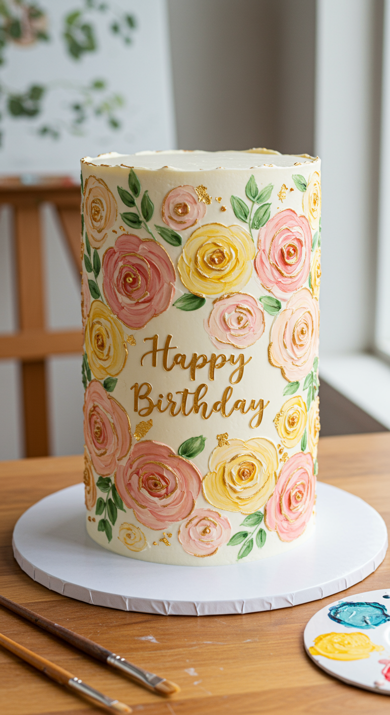 Hohe weiße Torte mit handgemalten rosa und gelben Rosen, grünen Blättern und goldenen Akzenten.