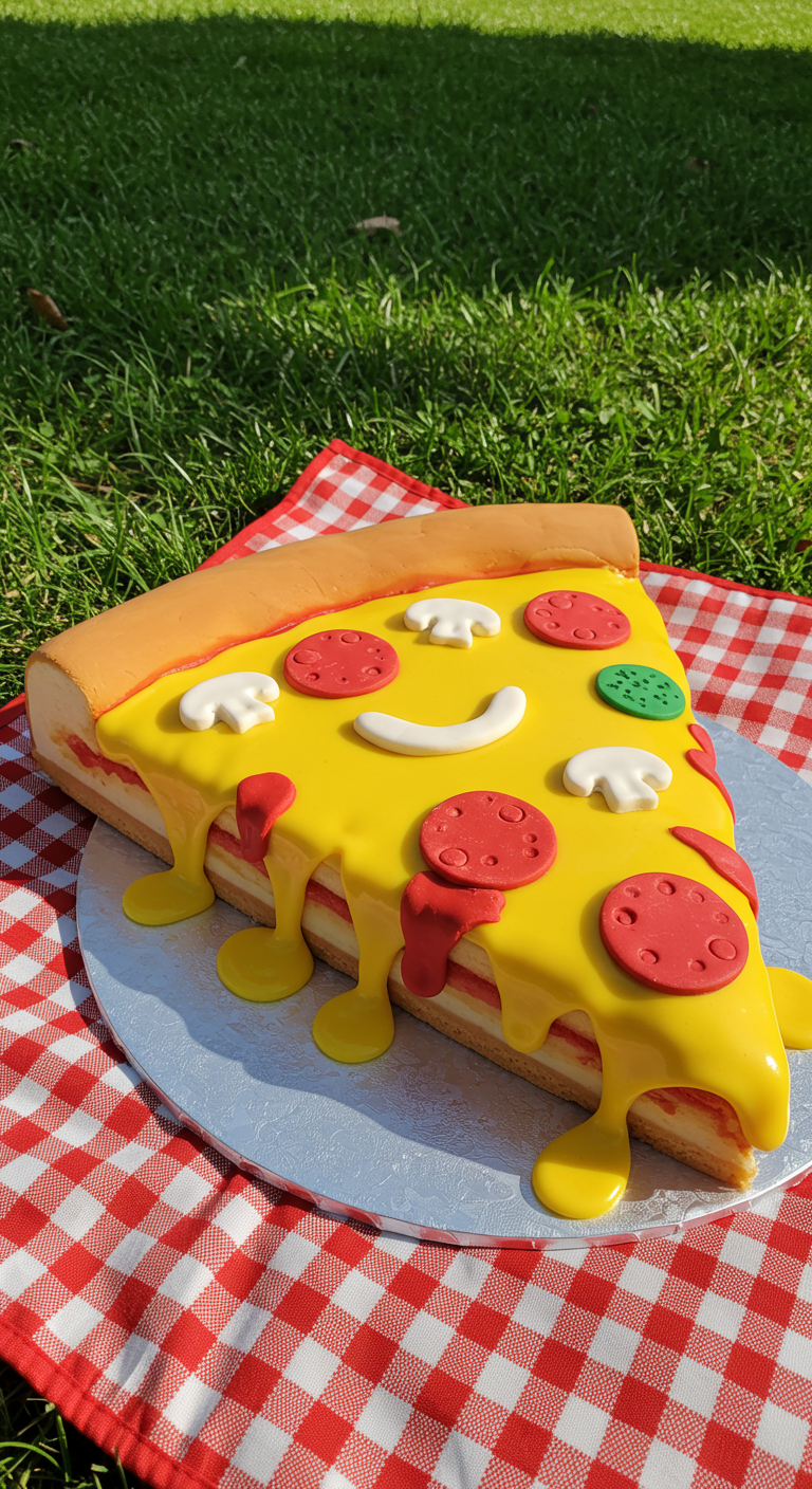 Kuchenstück in Form einer Pizza mit Belag aus Fondant.