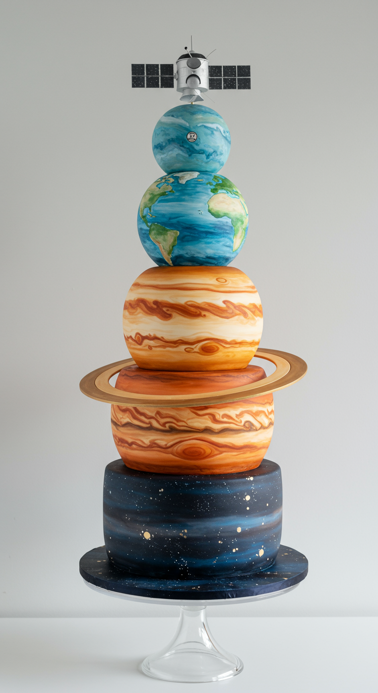 Mehrstöckige Torte als Sonnensystem mit Satelliten-Topper.