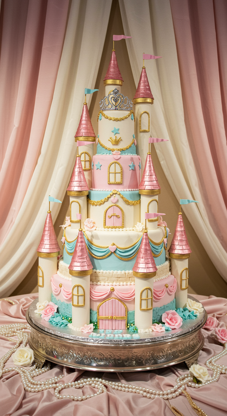Mehrstöckige Prinzessinnenschloss-Torte in Rosa, Hellblau und Gold mit vielen Türmen.