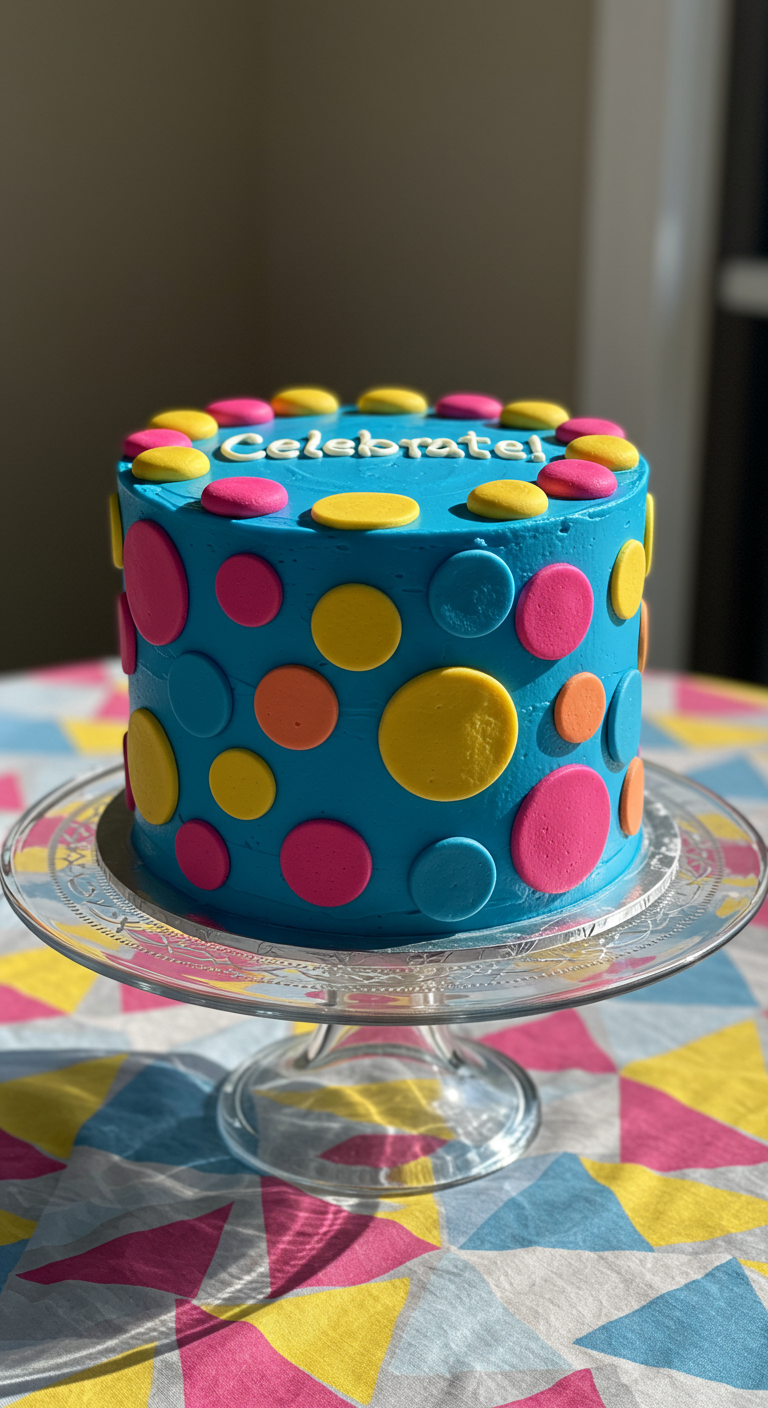 Blaue Geburtstagstorte mit bunten Fondant-Punkten und Celebrate-Schrift.