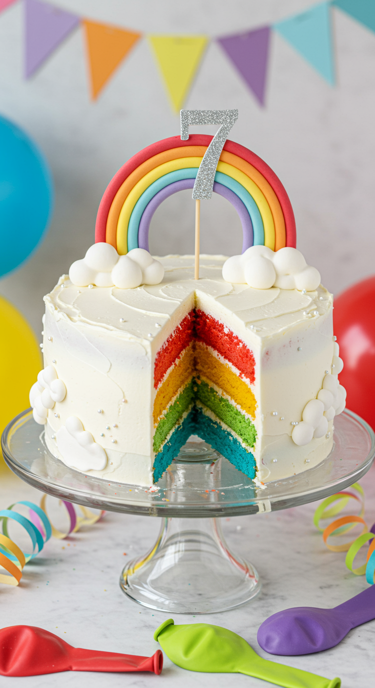 Angeschnittener Regenbogenkuchen mit bunten Schichten und Wolken-Deko.