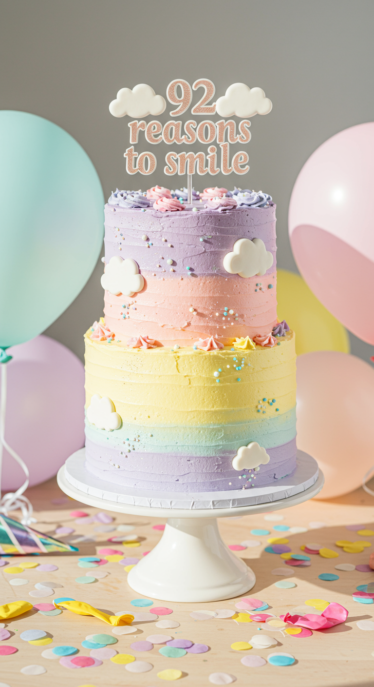 Zweistöckige Pastell-Regenbogentorte mit Topper „92 reasons to smile“.