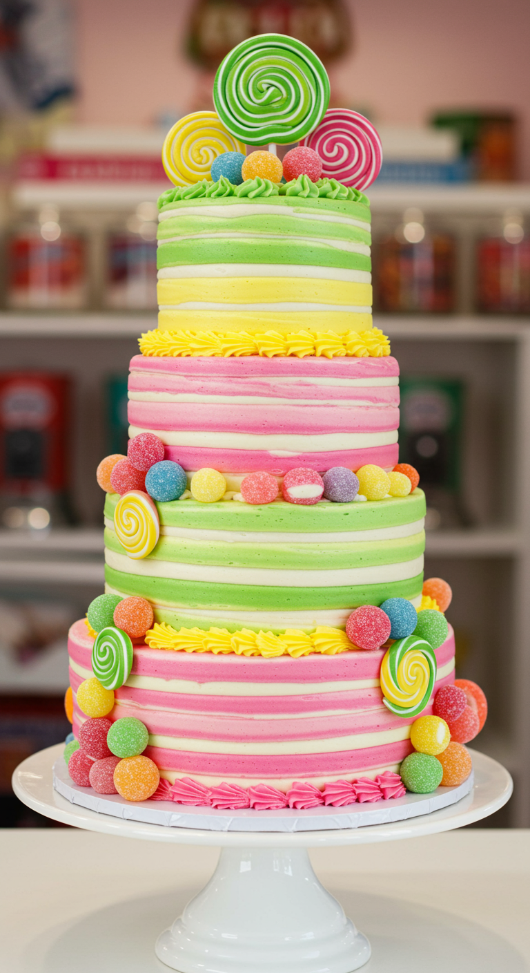 Vierstöckige, farbenfroh gestreifte Torte mit Lollis, Zuckerperlen und Tupfern.