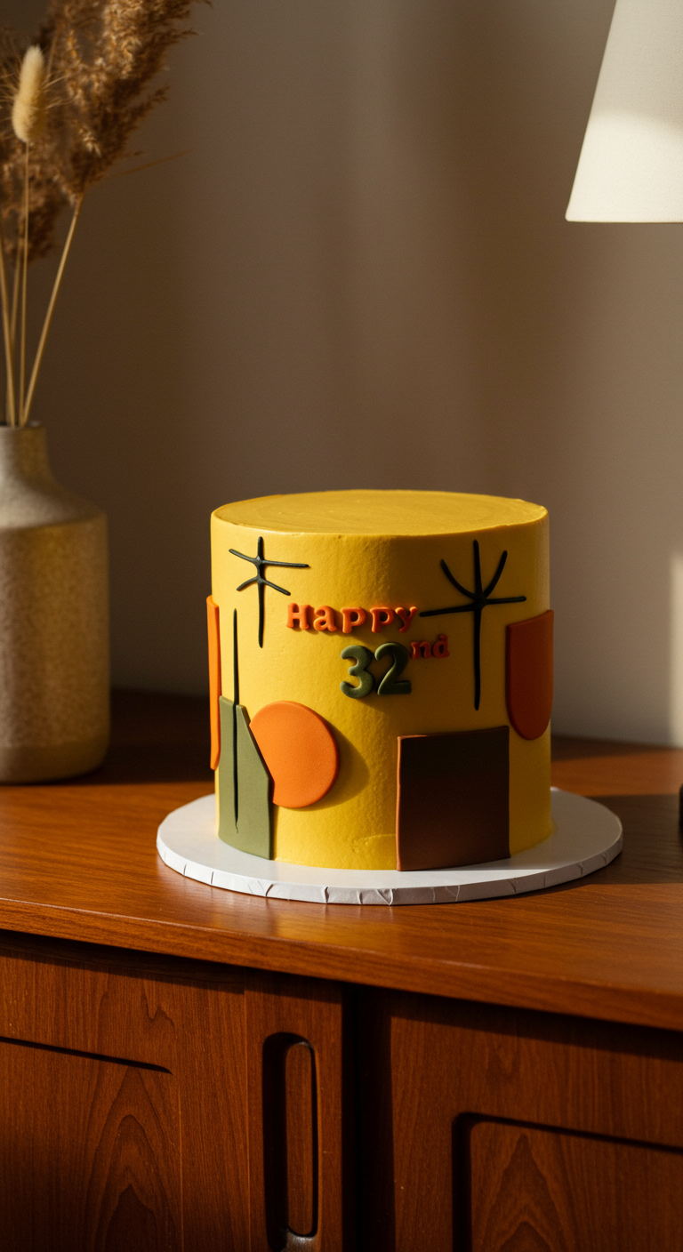 Senfgelbe Torte mit abstrakten braunen, grünen und orangen Formen und der Zahl 32.