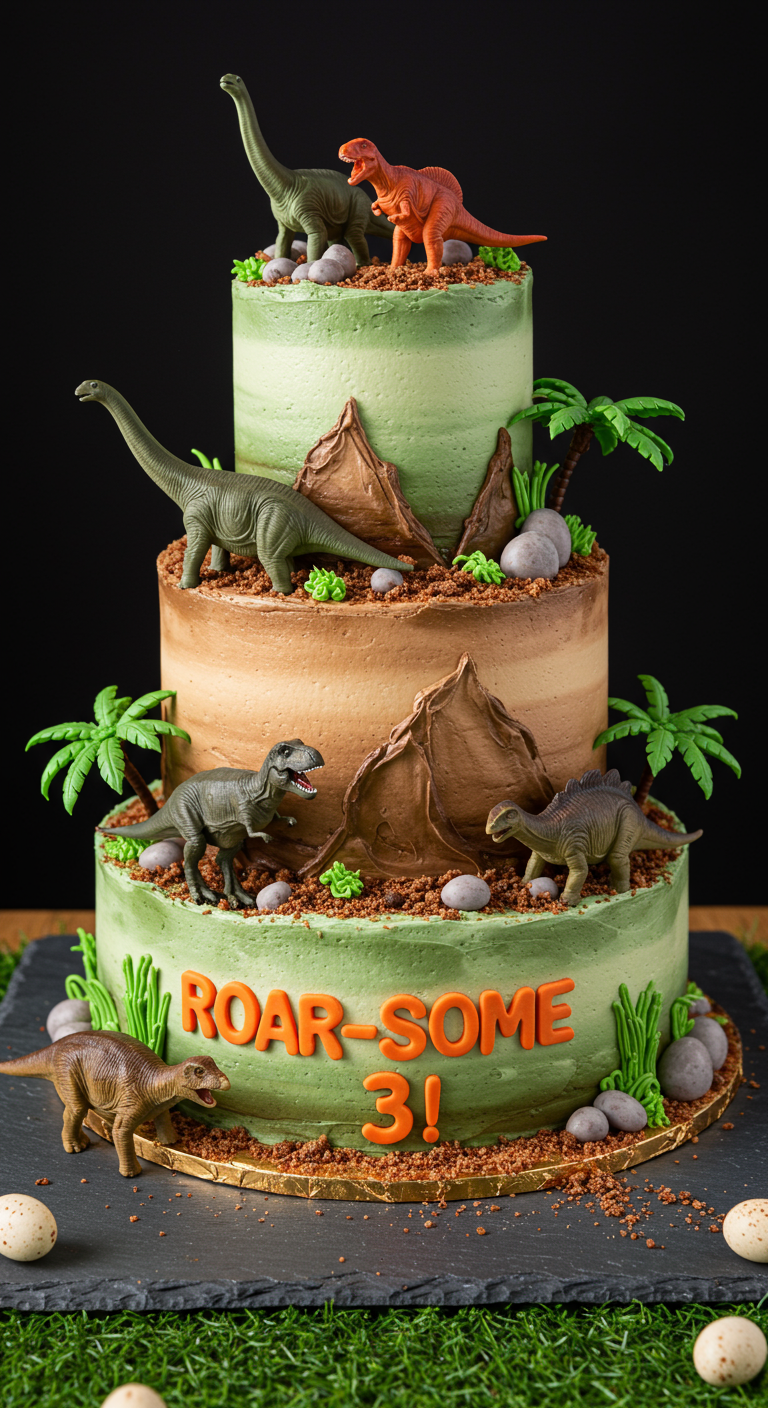 Dreistöckige Dinosaurier-Torte mit Spielzeug-Dinos und