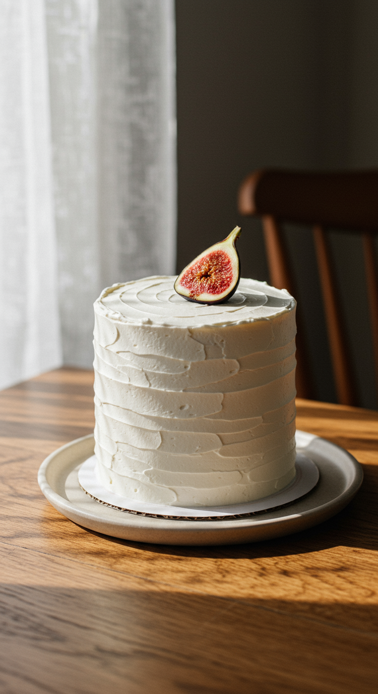 Weiße Torte mit rustikaler Buttercreme und einer halbierten Feige.