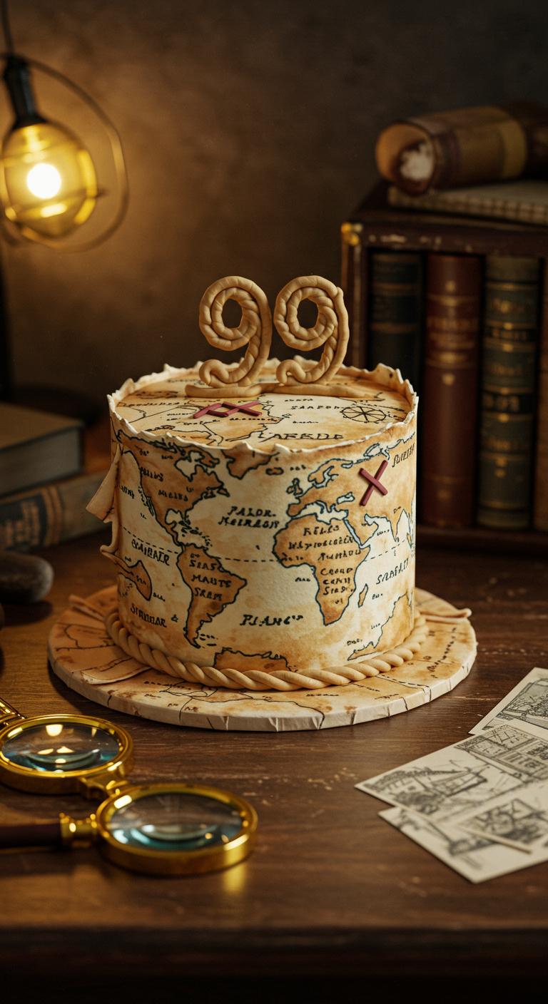 Runde Torte gestaltet als Schatzkarte mit einer 99 aus Brezeln.