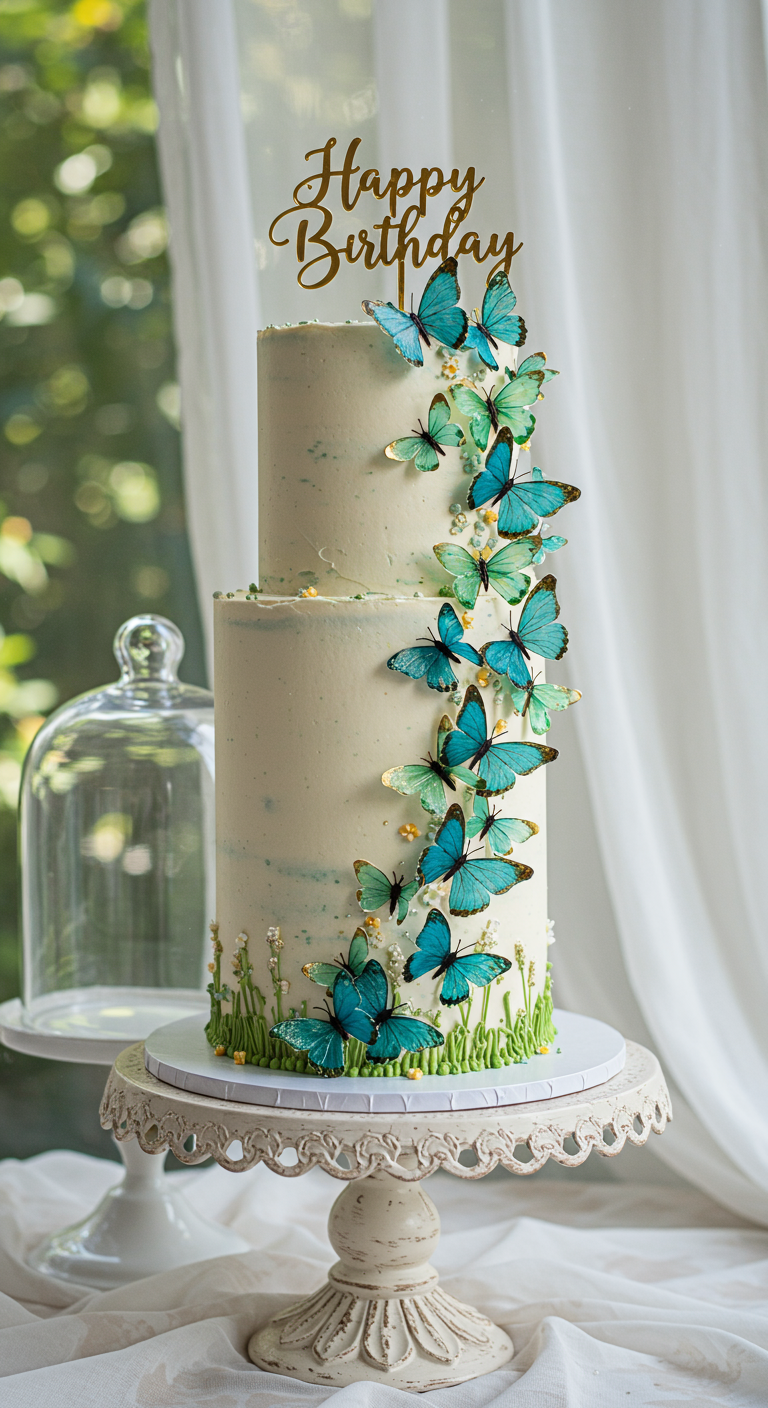 Zweistöckige helle Torte mit vielen blau-grünen Esspapier-Schmetterlingen.