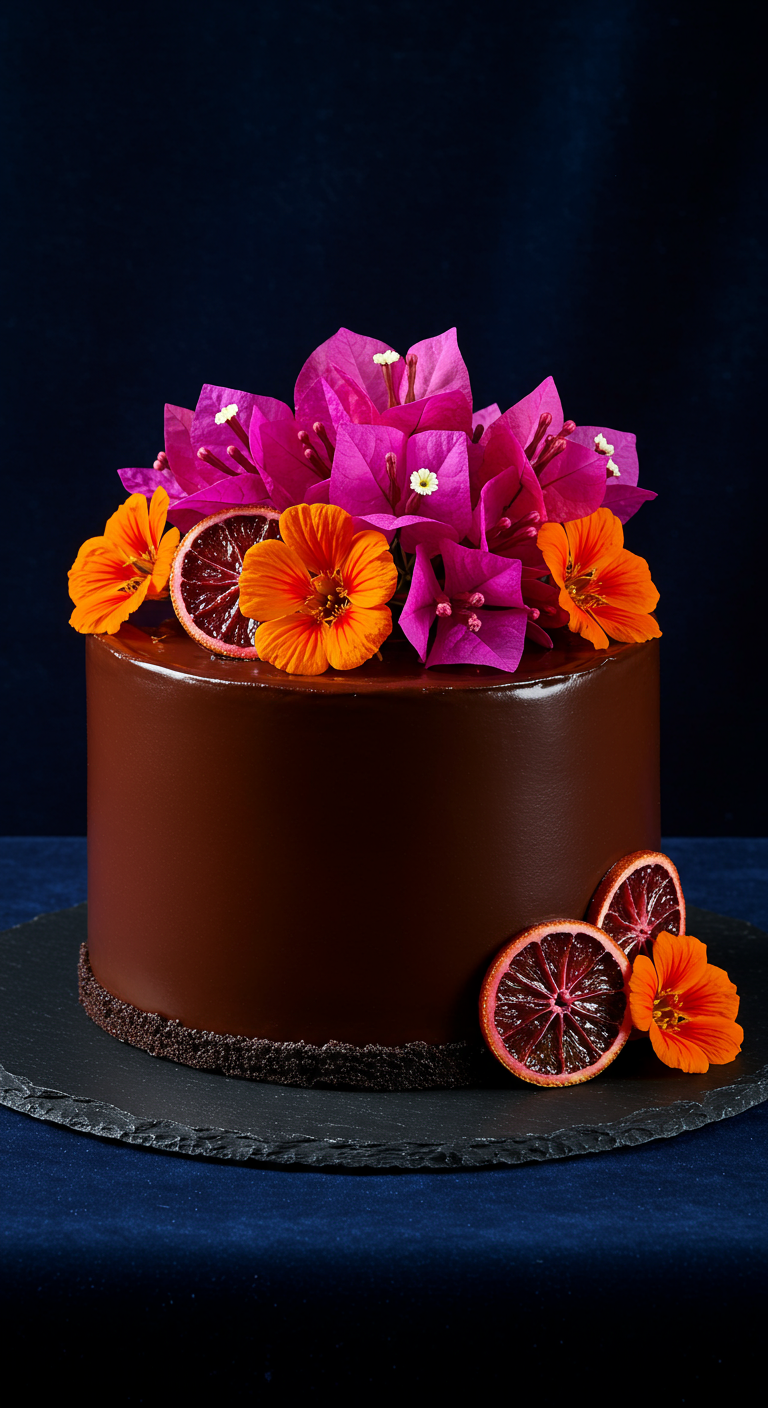 Schokoladentorte mit pinker Bougainvillea, Blutorangenscheiben und orangefarbenen Blüten.
