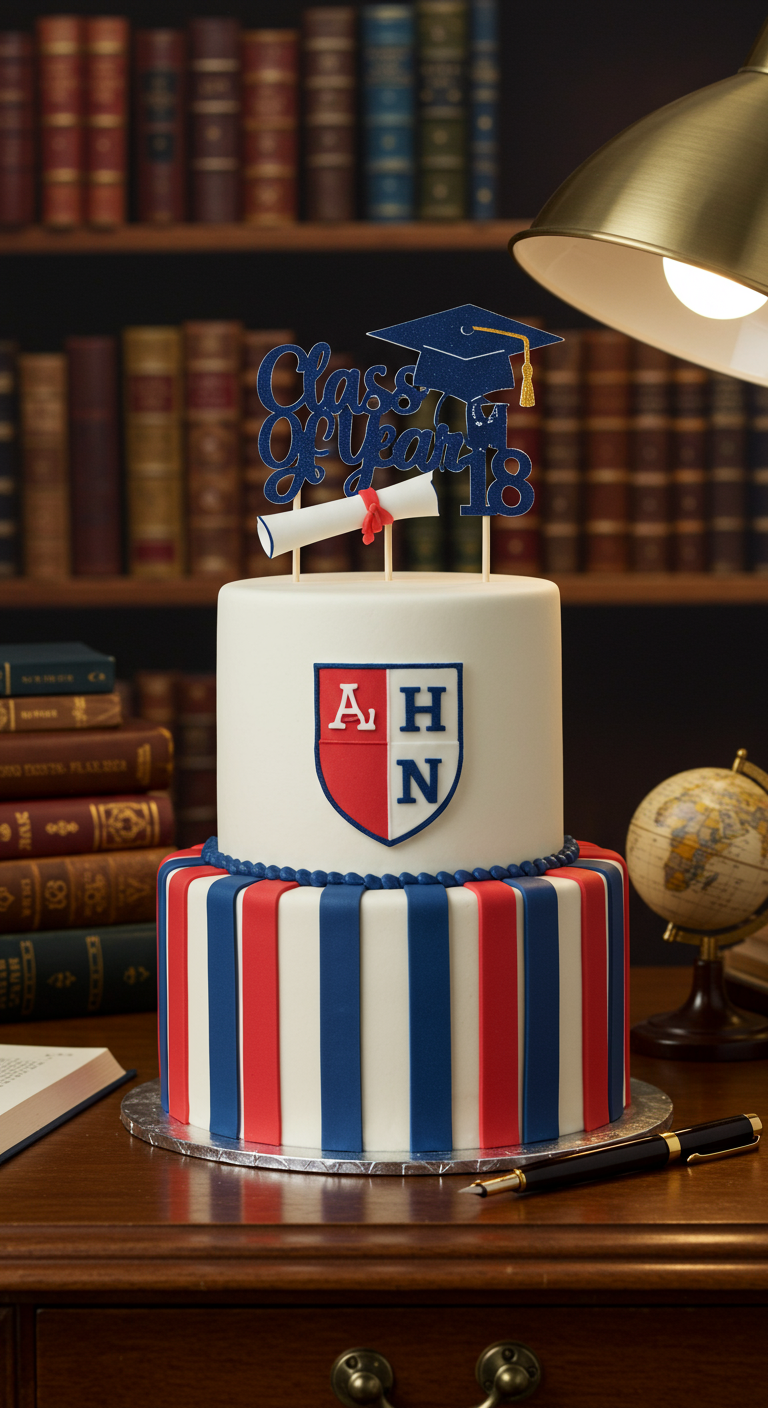 Zweistöckige Torte im College-Stil mit Abschluss-Topper und Wappen.