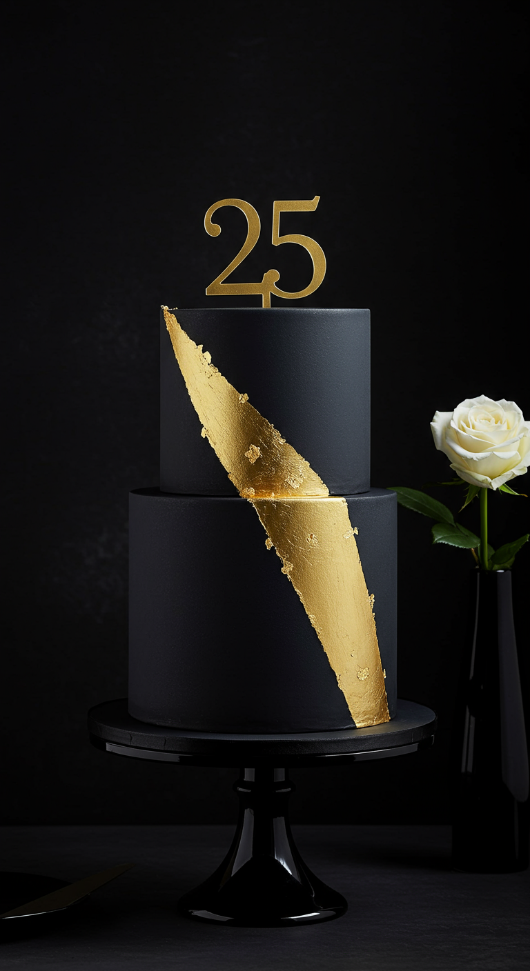 Zweistöckige schwarze Torte mit goldenem Geode-Ausschnitt und