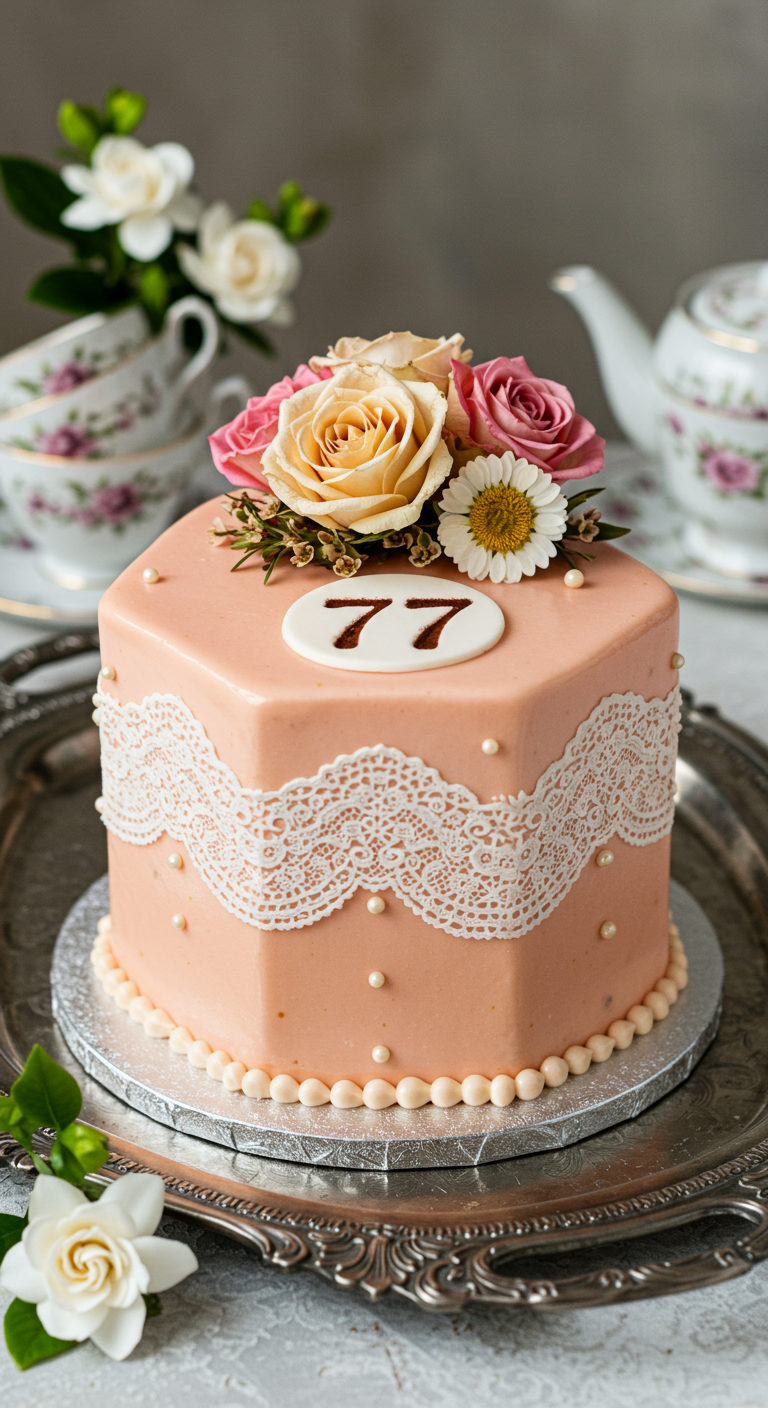 Sechseckige, apricotfarbene Torte mit weißer Spitze und frischen Blumen.