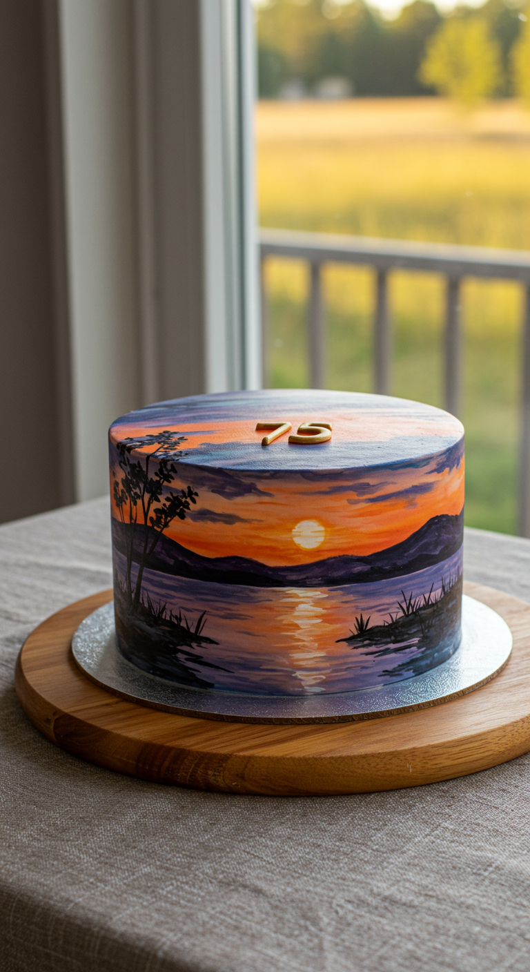 Zylindrische Torte mit aufgemaltem Sonnenuntergangsmotiv und goldener 75.