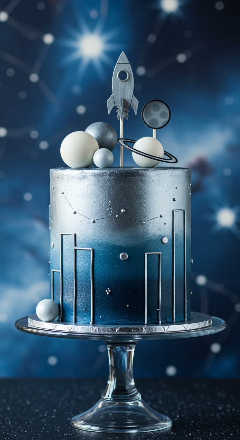 Silber-blaue Weltraum-Torte mit Raketen- und Planeten-Toppern.