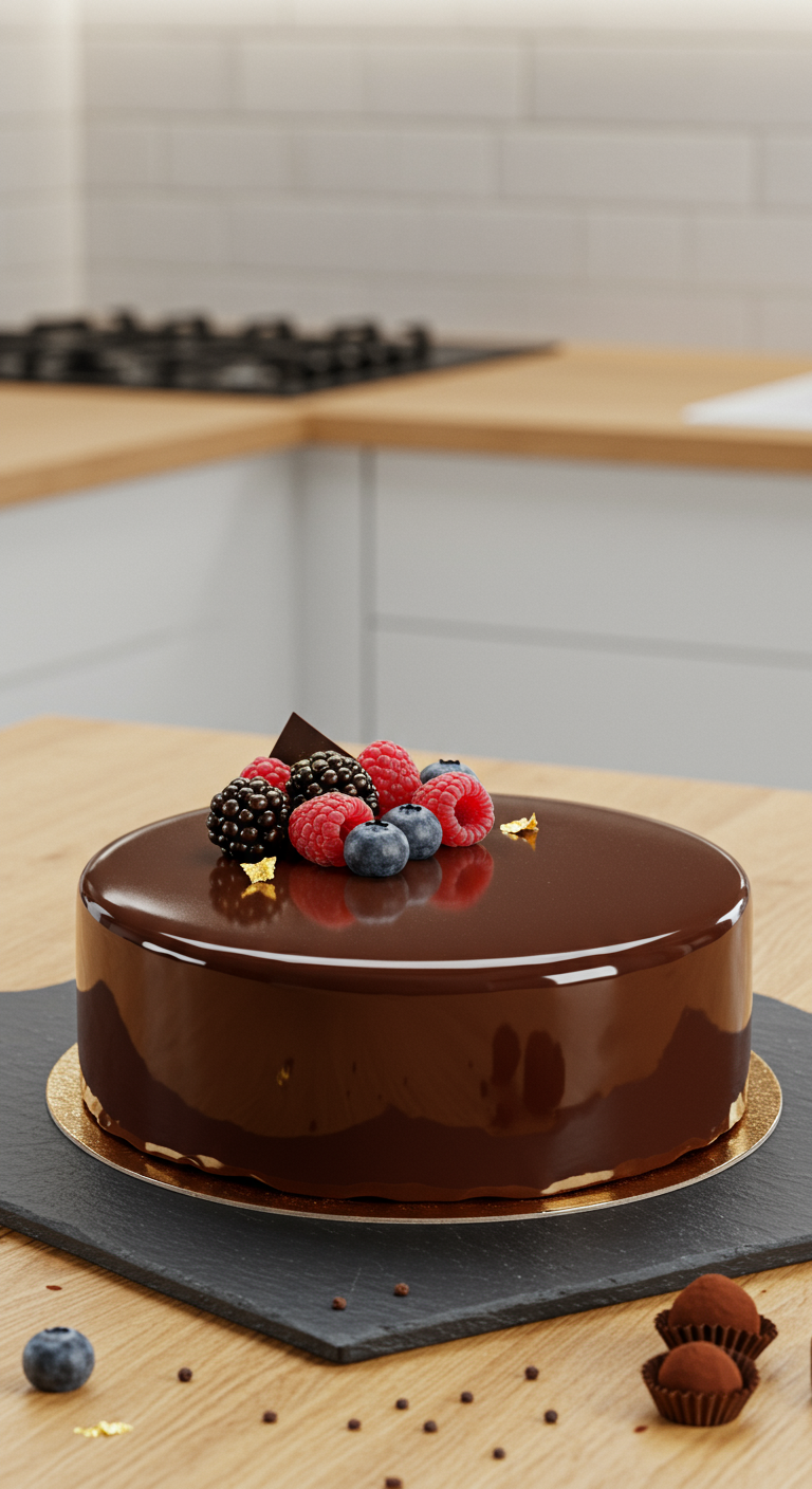 Schokoladen-Mirror-Glaze-Torte mit frischen Beeren und Goldflocken.