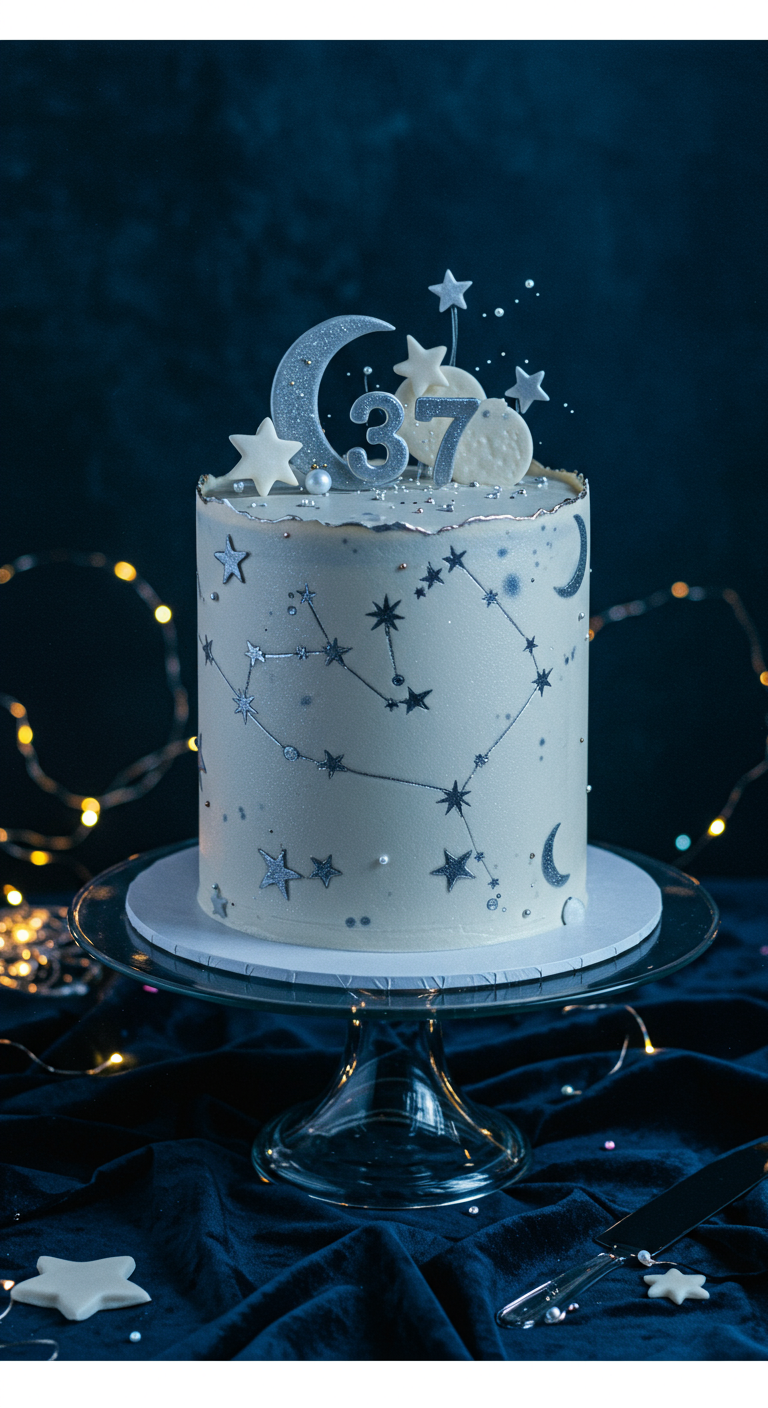 Weiße Torte mit silbernen Sternbildern, Monden und glitzernder „37“.