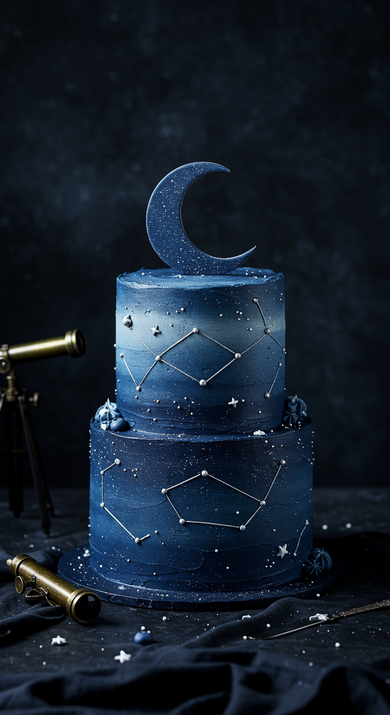 Zweistöckige Torte in tiefblauen Nachtfarben mit Sternen, Sternbildern und einem großen Mond-Topper.