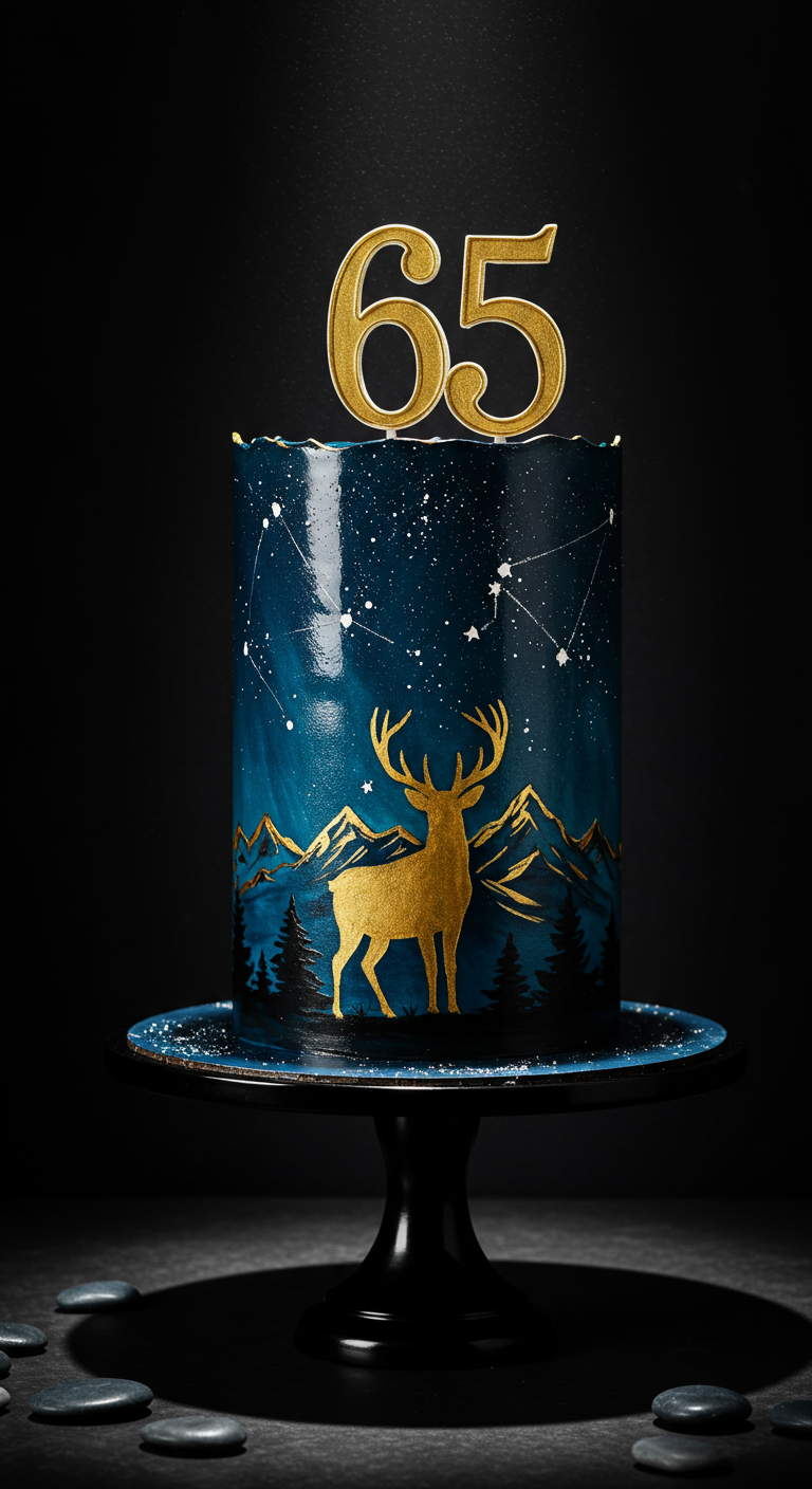 Dunkelblaue Torte mit goldenem Hirsch und Sternenhimmel.