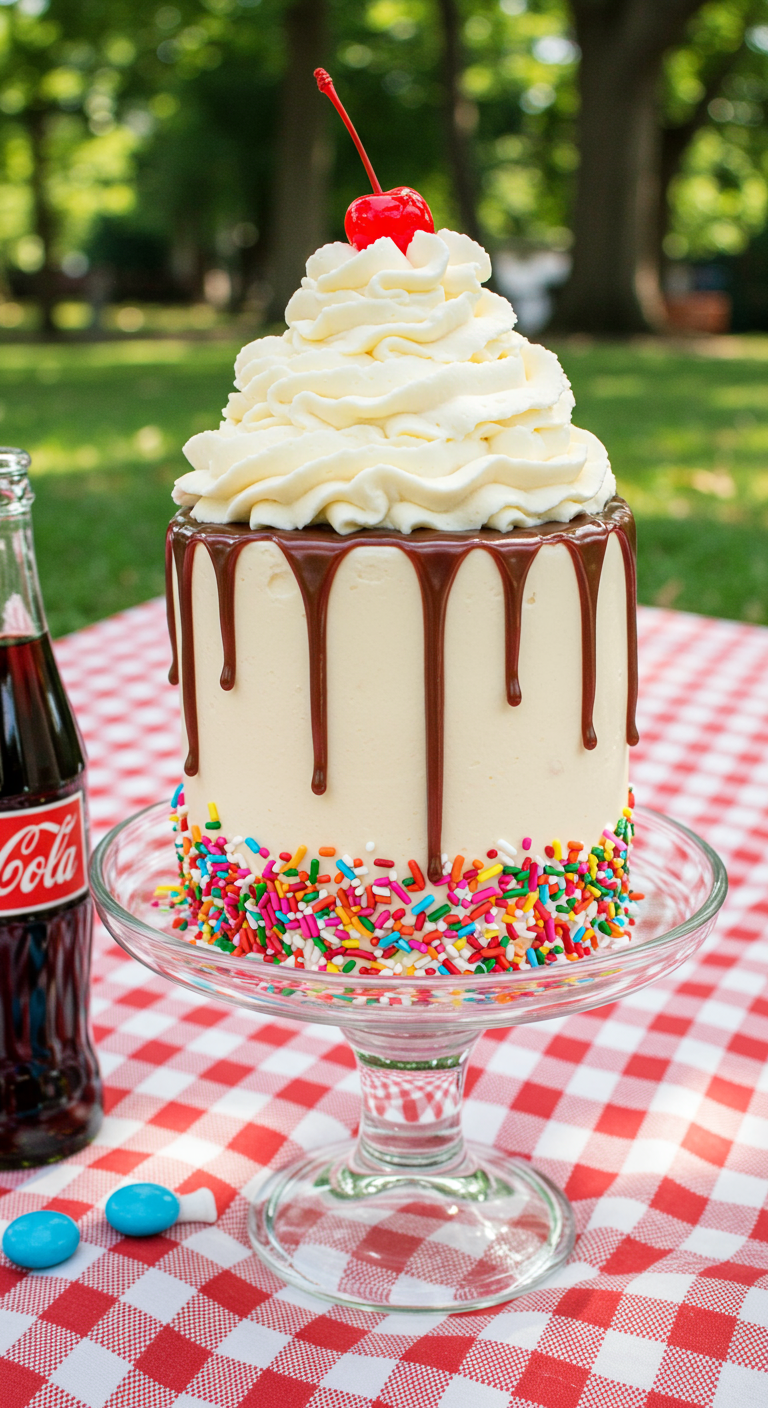 Buttercreme-Torte im Eisbecher-Look mit Schoko-Drip, Streuseln und Sahnehaube.