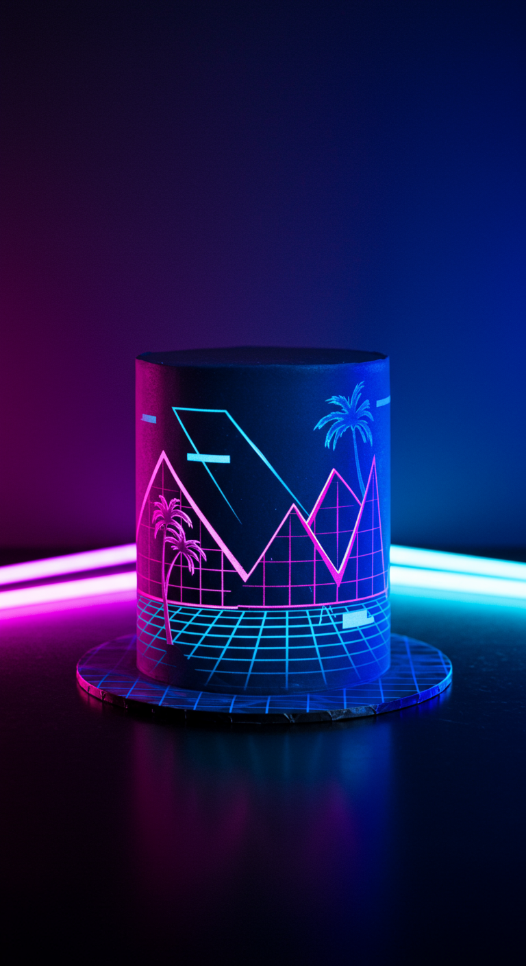 Schwarze runde Torte mit neonpinken und -blauen Linienraster und Palmen-Silhouette