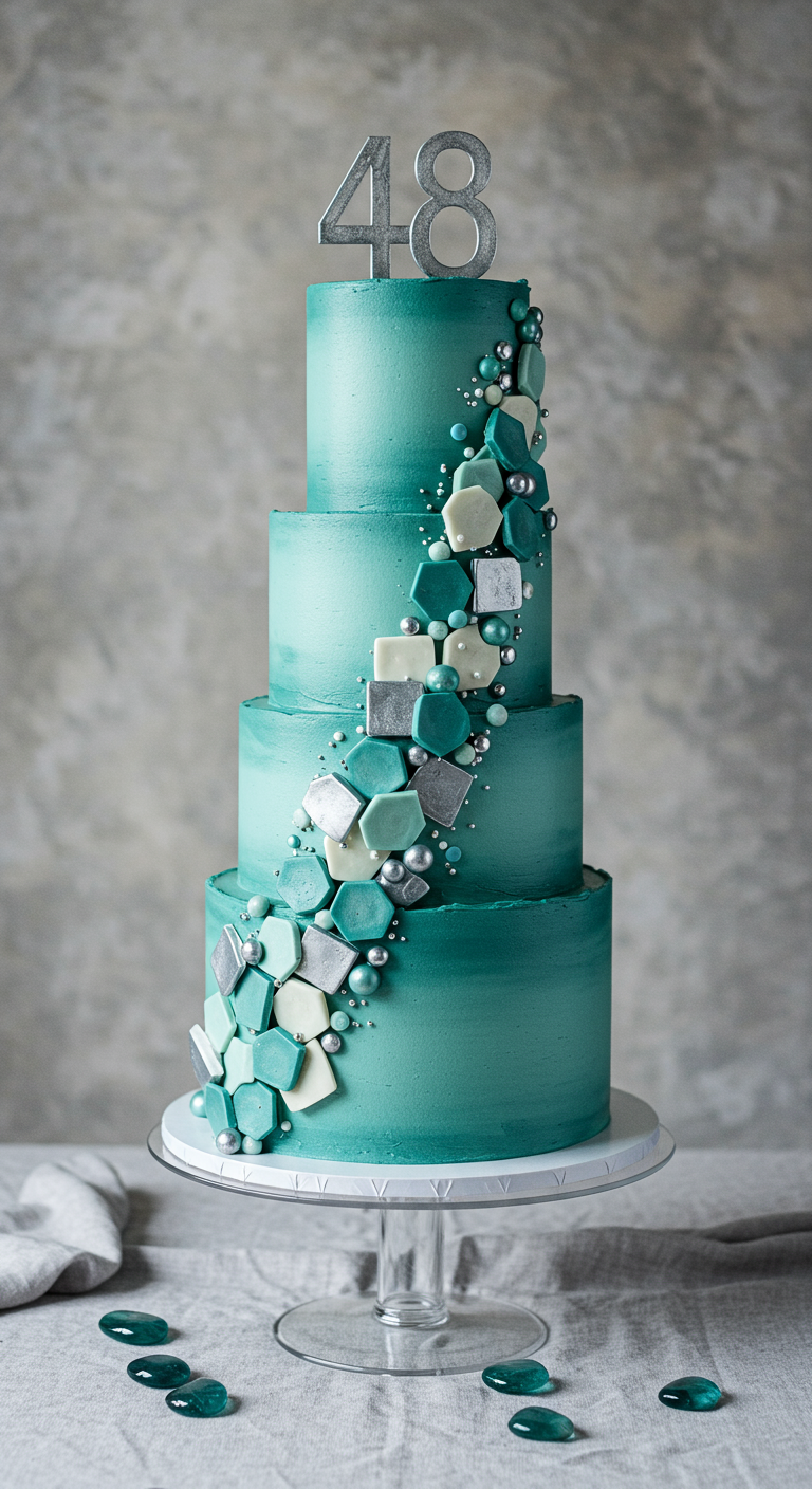 Vierstöckige türkise Ombré-Torte mit geometrischen Kacheln und Silberperlen.