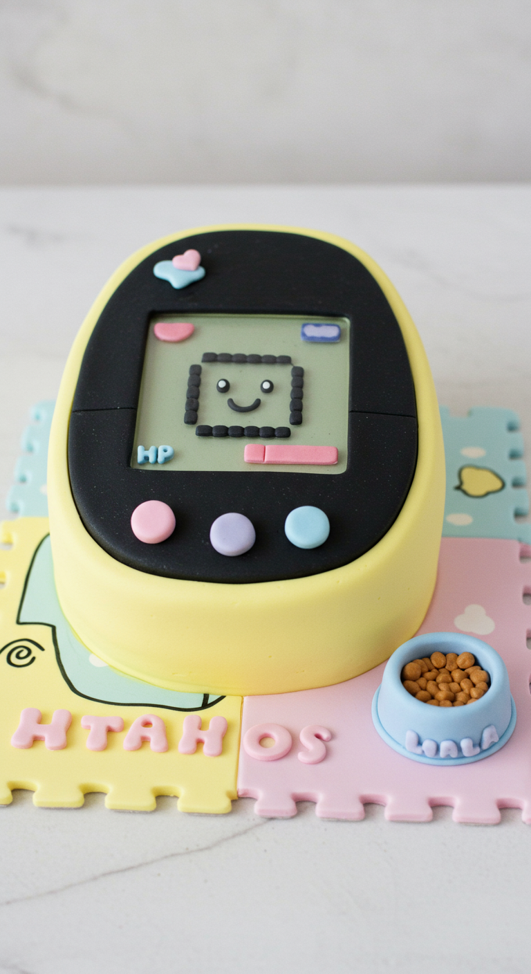 Gelbe Torte in Tamagotchi-Form mit Pixel-Gesicht und Fressnapf.