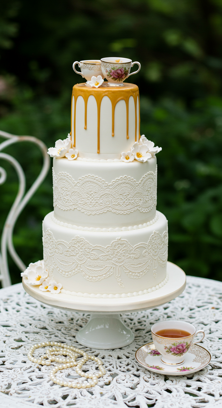 Dreistöckige weiße Torte mit essbarer Spitze, goldenem Drip und Mini-Teetassen obendrauf.