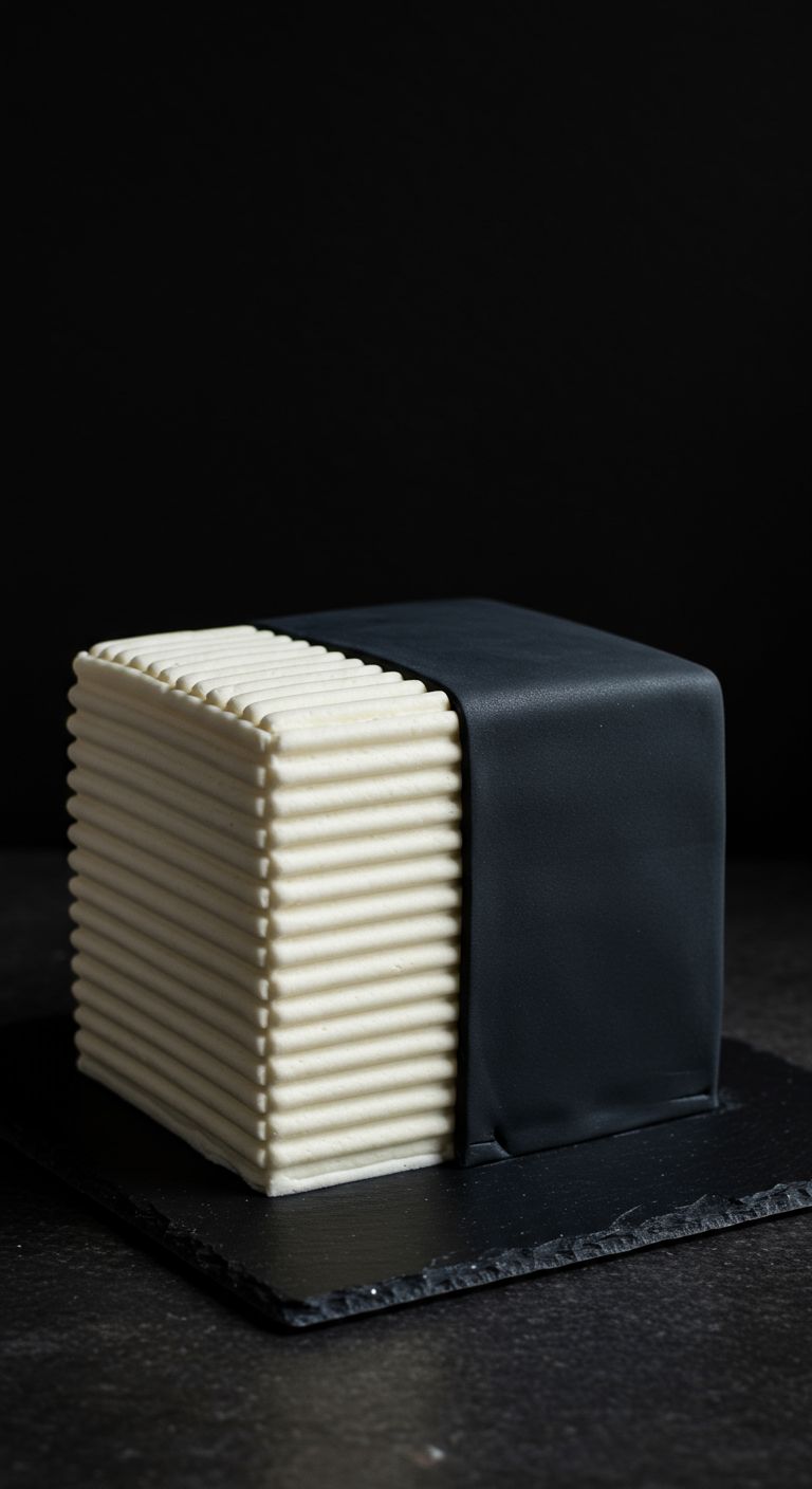Quadratische Torte, halb weiß geriffelt, halb glatt schwarz überzogen.
