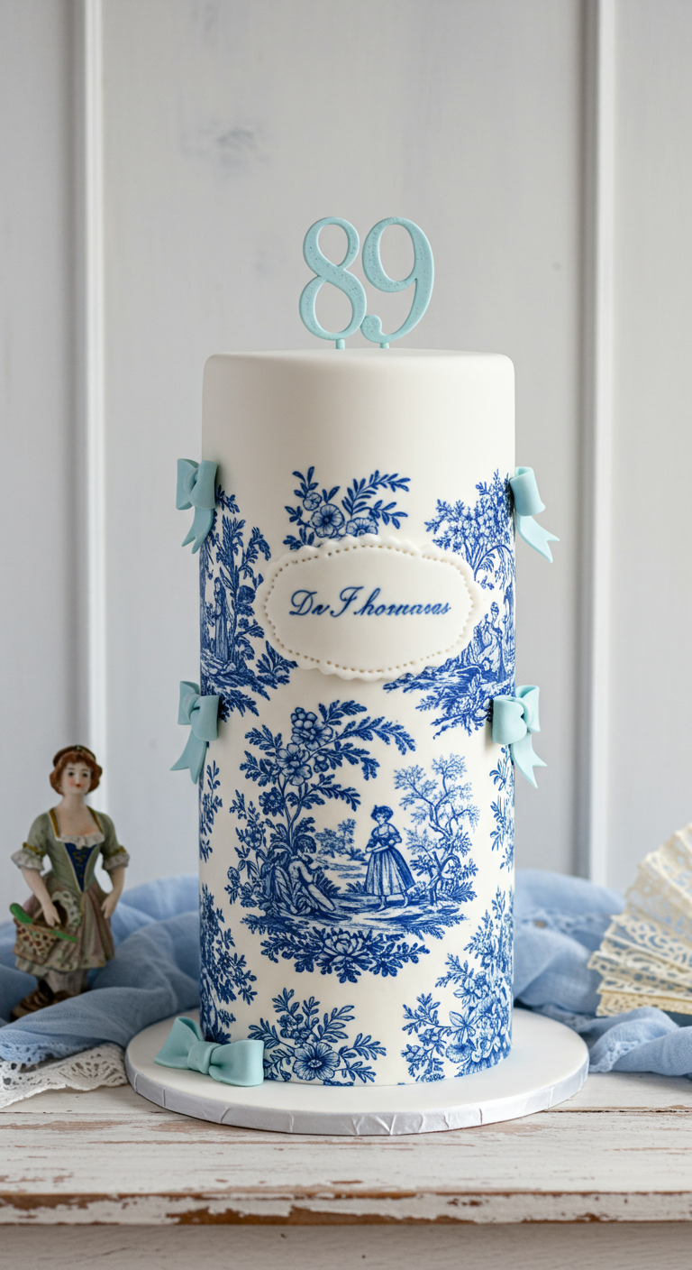 Hohe weiße Torte mit blauem Toile de Jouy-Muster und hellblauen Schleifen,