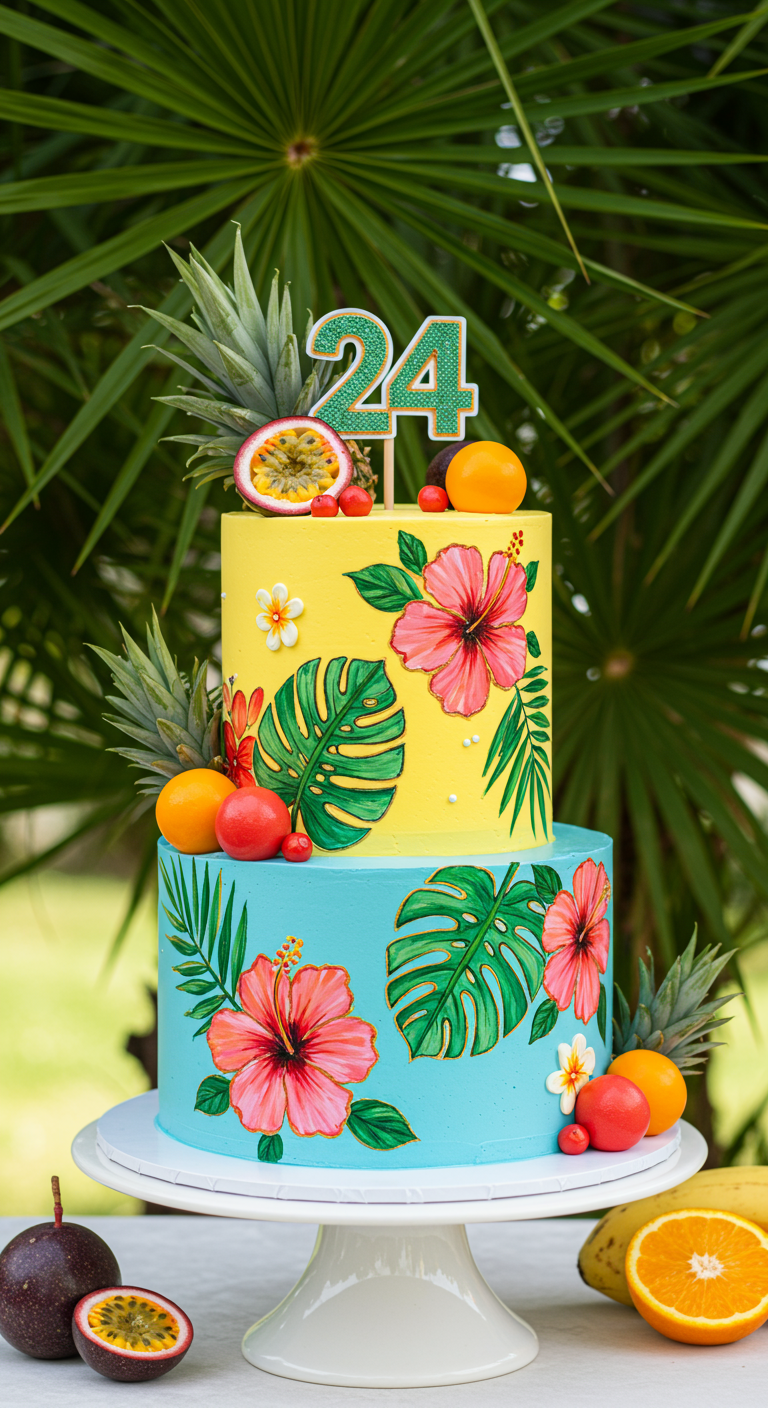 Zweistöckige Torte im tropischen Stil, gelb und blau, mit gemalten Hibiskusblüten und Blättern.