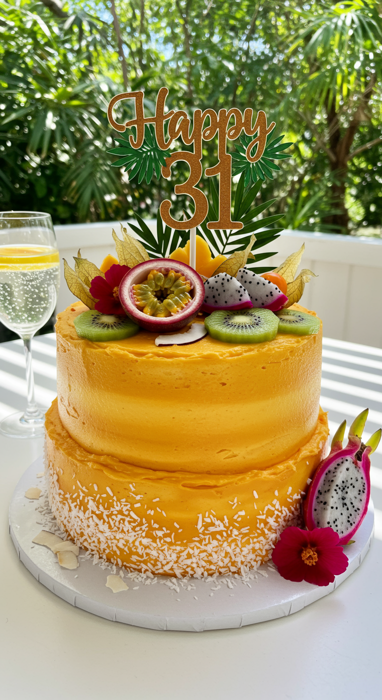 Orangefarbene zweistöckige Torte mit exotischen Früchten und „Happy 31“-Topper.