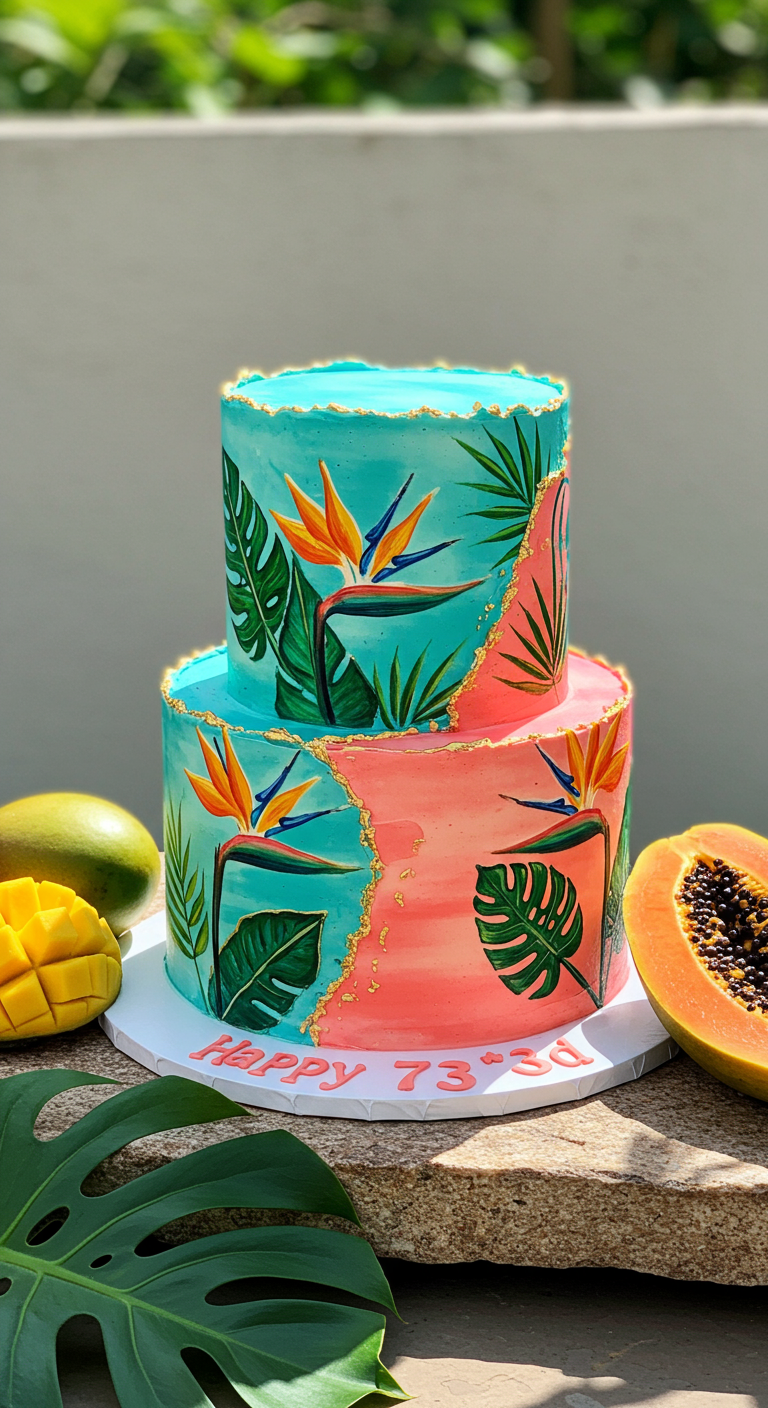 Zweistöckige Torte in Türkis und Koralle mit gemalten tropischen Pflanzen.