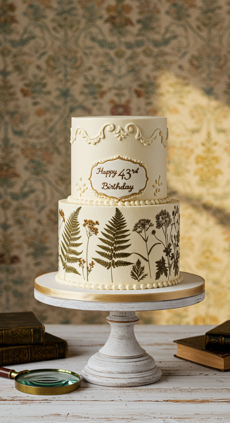 Cremefarbene Vintage-Torte mit gepressten Farnen und Schrift.