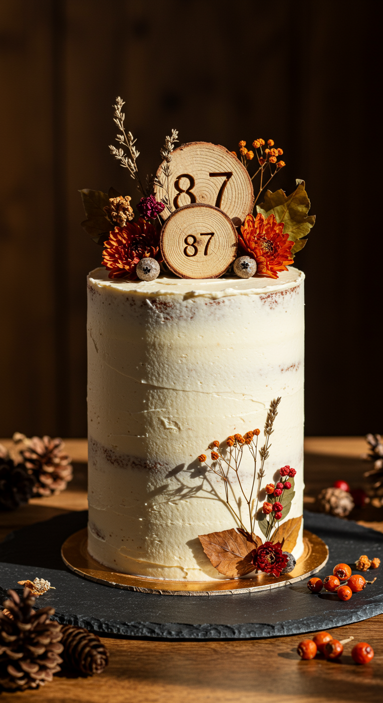 Rustikale weiße Torte mit Holzscheiben-Topper (87) und Herbstdeko.
