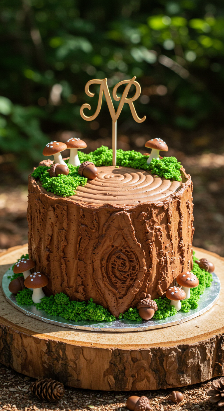 Schokoladen-Torte in Baumstamm-Optik mit Marzipan-Pilzen und einem Initialen-Topper.