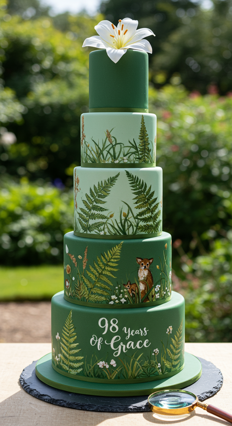 Fünfstöckige grüne Torte mit Waldmotiven und Schriftzug 